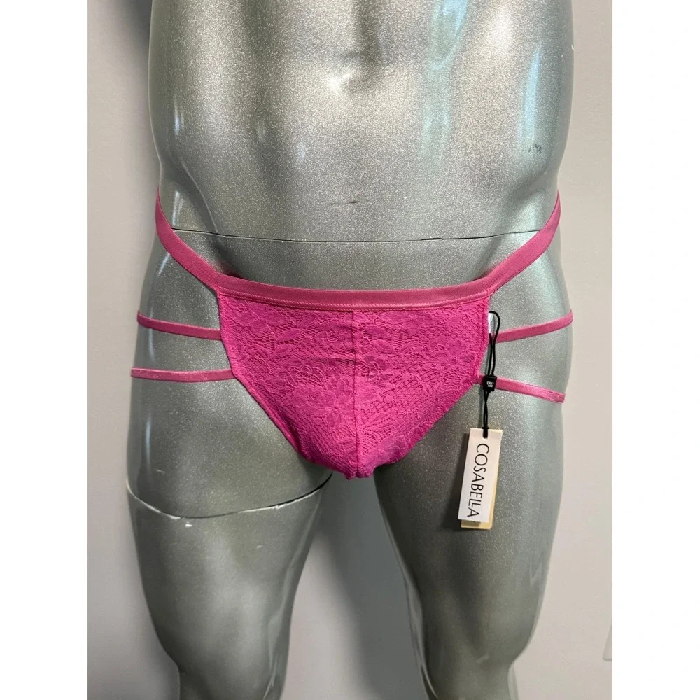 Cosabella Never Say Never Mens Strappy Lace Thong Pink Open Back Underwear NEW‎